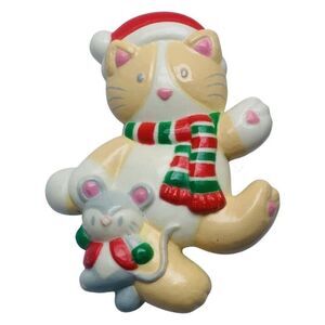 Vintage Gibson Greetings Cat & Mouse Santa Hat Acrylic Christmas Brooch Pin